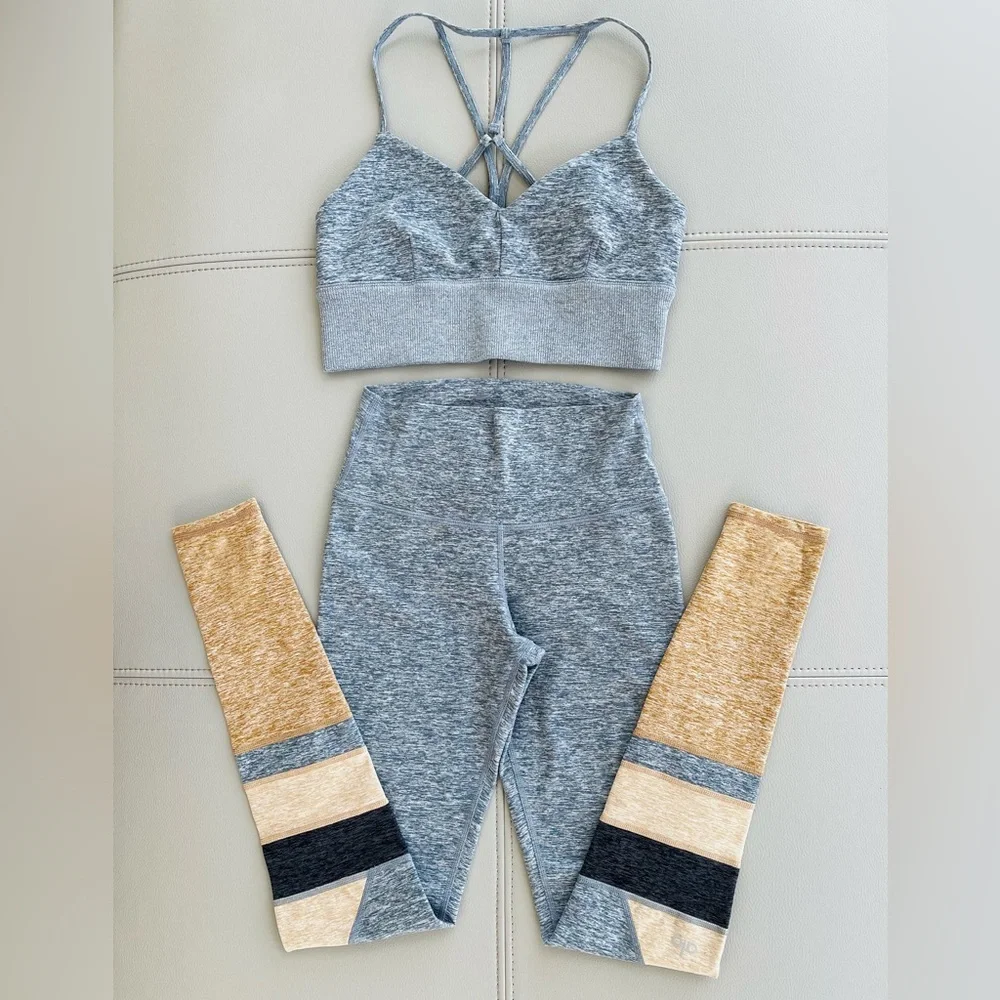 NWOT ALO Yoga Alosoft 2-Piece SET MED Bra Top + XXS Legging in Blue-Gray Heather - Picture 12 of 16
